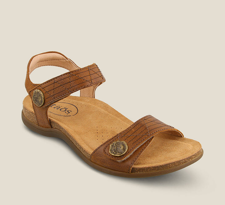 3/4 Angle of Pioneer Tan Sandal featuring two adjustable hook and loop straps detailed stitching and metal hardware. - size 6