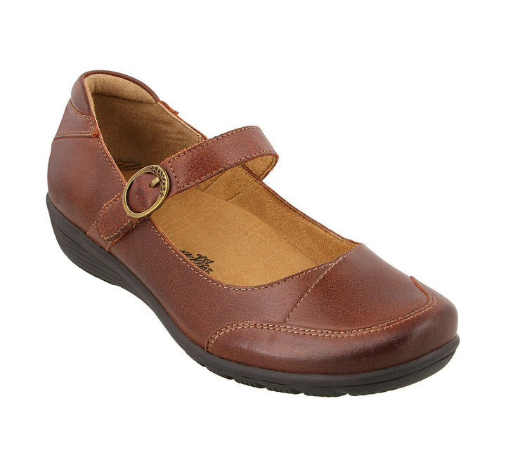 Three quarter angle of Cognac Leather mary jane featuring a hook and loop strap closure and rubber outsole - size 6