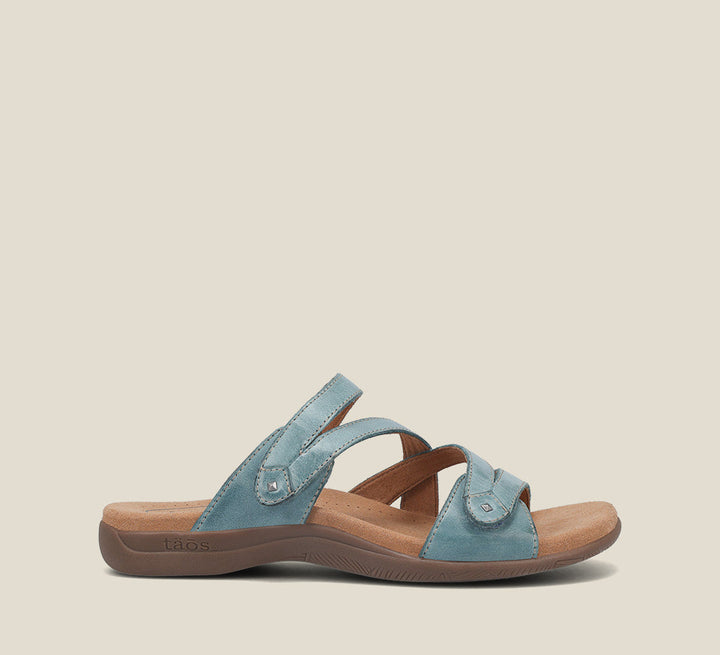 side Angle of Big Time Teal leather adjustable sandal with microfiber footbed and rubber outsole