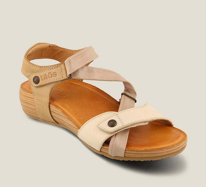 3/4 Angle of Multiverse Beige Multi adjustable leather sandal with two hook and loop straps cork footbed. - size 36