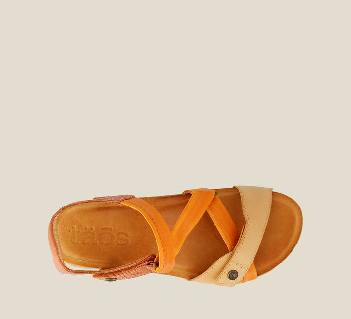 Top down angle of Multiverse Orange Multi adjustable leather sandal with two hook and loop straps cork footbed. - size 36