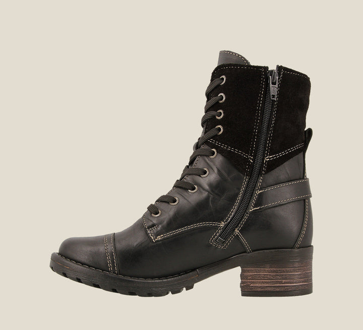 Instep of Crave Black Leather & suede boot with buckle & an inside zipper lace-up adjustability. 36