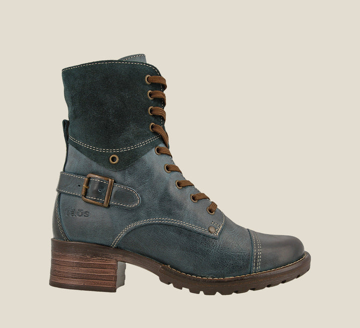 Outside angle of Crave Teal lace up combat boot with removable footbed and rubbe outsole - size 36