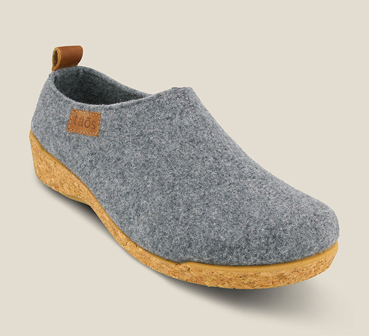 3/4 Angle of Wonderwool Grey Wool slip on with cork detail a supportive footbed and rubber outsole. - size 36