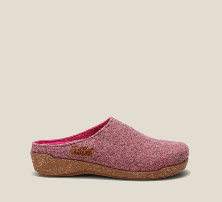 "Outside Angle of Woollery Rose Two-tone wool slip on clog with cork detail, a footbed, & rubber outsole
 36"