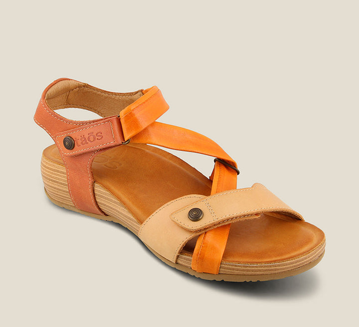 3/4 Angle of Multiverse Orange Multi adjustable leather sandal with two hook and loop straps cork footbed. - size 36