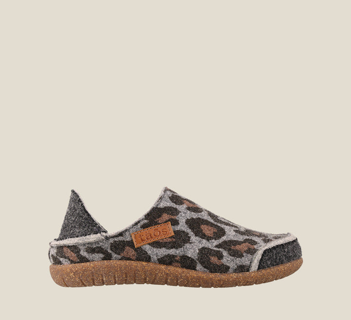 "Outside Angle of Convertawool Charcoal Leopard Wool Wool slip on with back, wool lined, featuring a removable footbed & TR outsole
 - size 36"