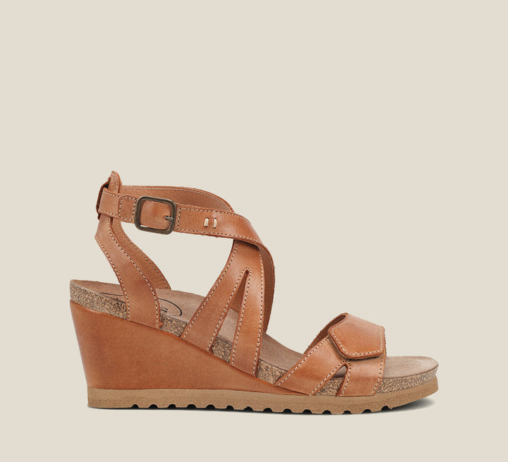 side Angle of Xcellent Caramel leather wedge featuring exceptional arch & metatarsal support with a rubber outsole