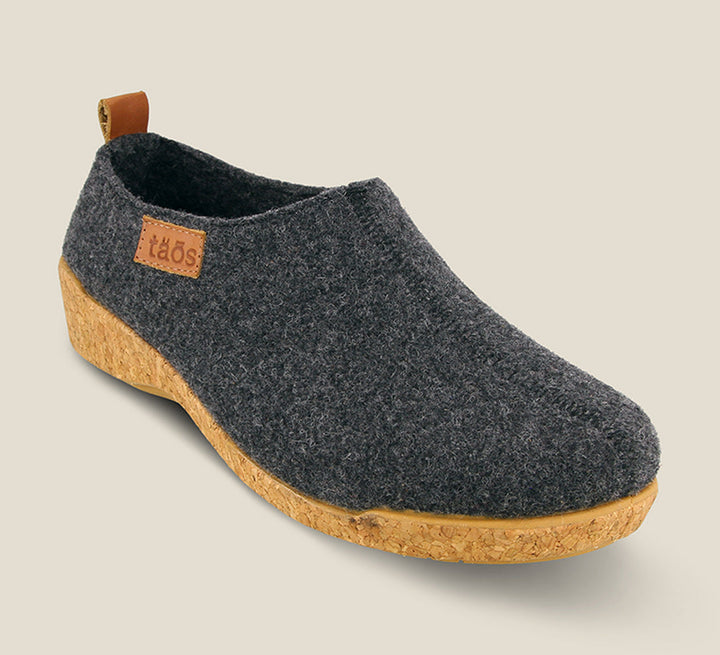 3/4 Angle of Wonderwool Charcoal Wool slip on with cork detail a supportive footbed and rubber outsole. - size 36