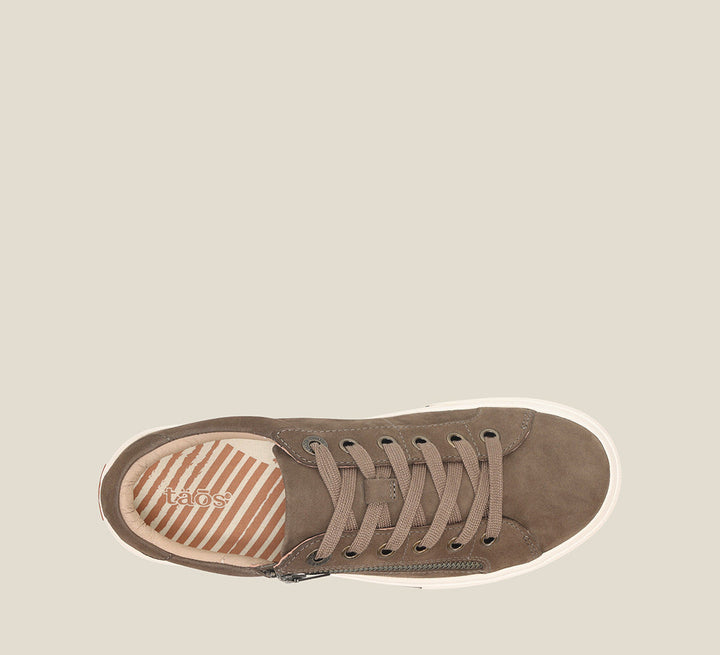 Top down image of Z Soul Dark Taupe Nubuck canvas lace up sneaker featuring an outside curves & pods removable footbed & rubber outsole