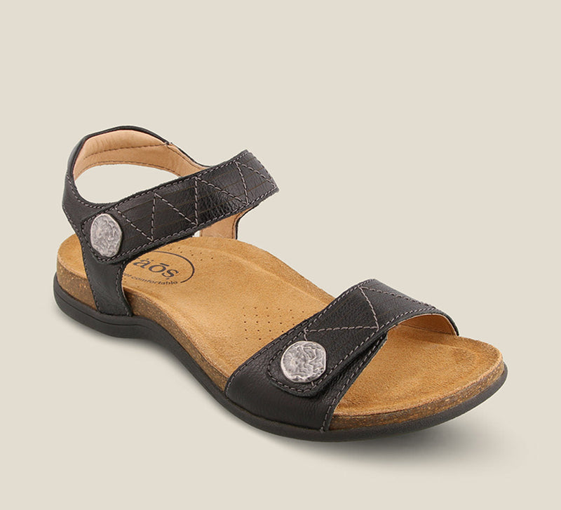 3/4 Angle of Pioneer Black Sandal featuring two adjustable hook and loop straps detailed stitching and metal hardware. - size 6