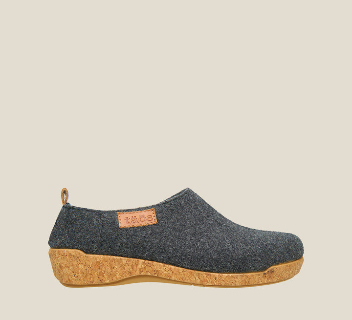 Outside angle of Wonderwool Charcoal Wool slip on with cork detail a supportive footbed and rubber outsole. - size 36