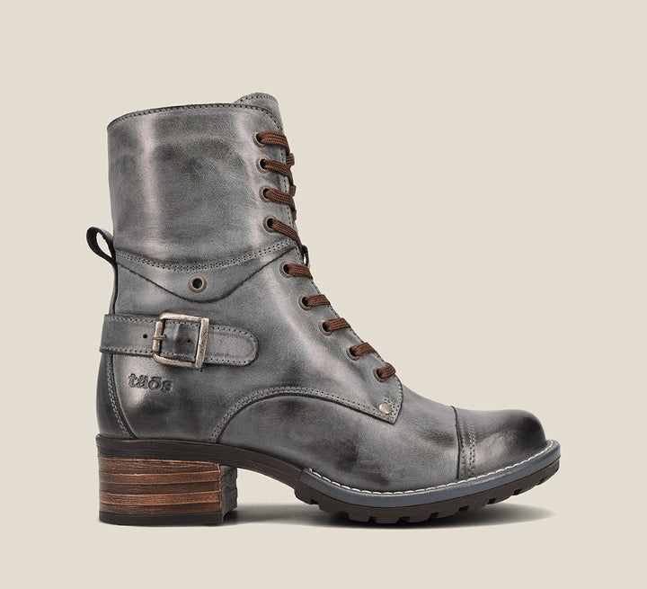 Side image of Crave Steel Leather &  boot with buckle & an inside zipper lace-up adjustability.