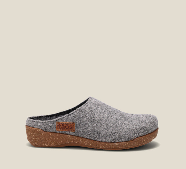 Outside Angle of Woollery Grey Two-tone wool slip on clog with cork detail, a footbed, & rubber outsole 36