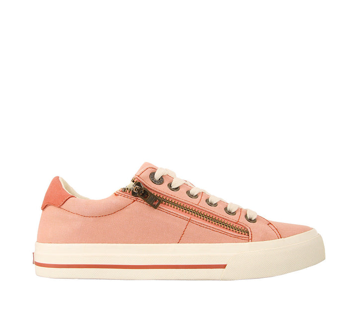 Outside angle of Z Soul Cantaloupe/Brick Distressed Canvas lace up sneaker featuring an outside zipper Curves & Pods removable footbed with Soft Support and rubber outsole. - size 6