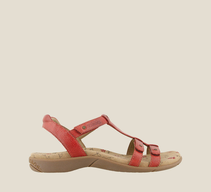 Outside angle of Trophy 2 Red Sandal featuring a Taos Soft SupportÂ™Â™Â™ premium footbed with Cool Recovery Foam and stitching. - size 6