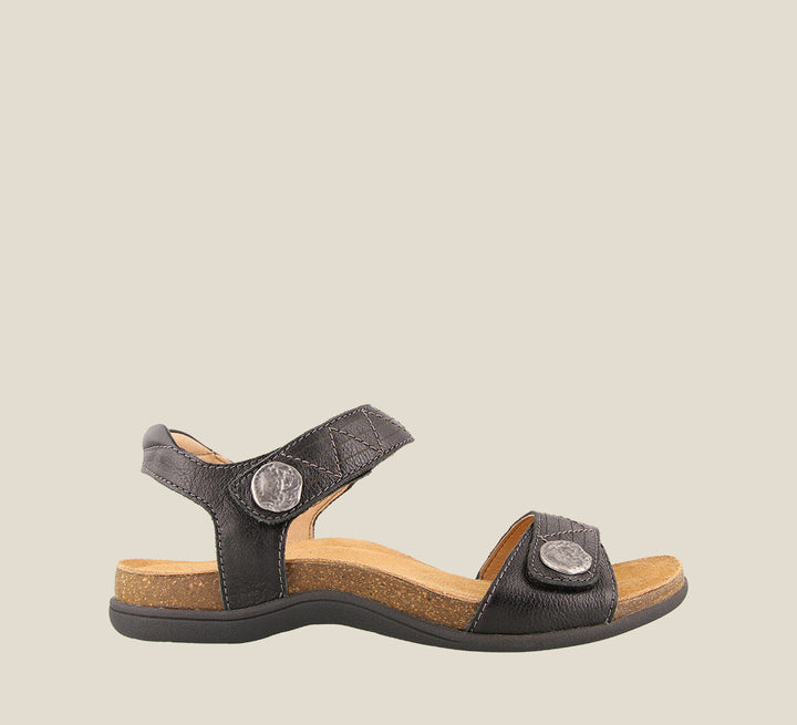 Outside angle of Pioneer Black Sandal featuring two adjustable hook and loop straps detailed stitching and metal hardware. - size 6