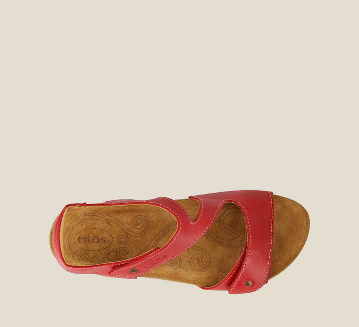 Top down angle of Lovely Red adjustable leather sandal with two hook and loop straps lightweight cork footbed. Featuring hardware embellishments and a rubber outsole. - size 36