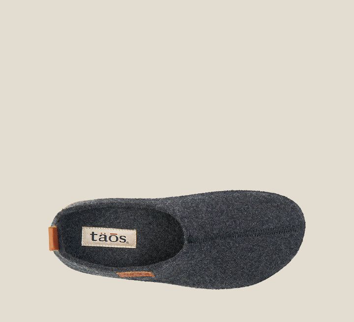 Top down angle of Wonderwool Charcoal Wool slip on with cork detail a supportive footbed and rubber outsole. - size 36