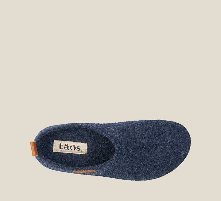 Top down angle of Wonderwool Navy Wool slip on with cork detail a supportive footbed and rubber outsole. - size 36