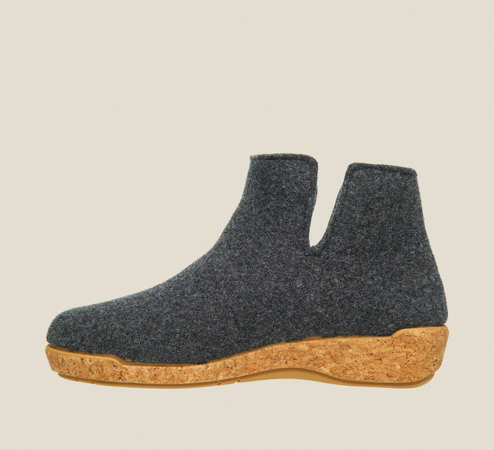 Inside angle of Woolly Boolly Charcoal Wool slip on bootie with cork detail a supportive footbed and rubber outsole. - size 36