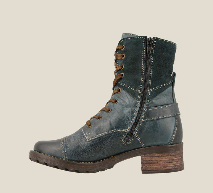 Inside angle of Crave Teal lace up combat boot with removable footbed and rubbe outsole - size 36