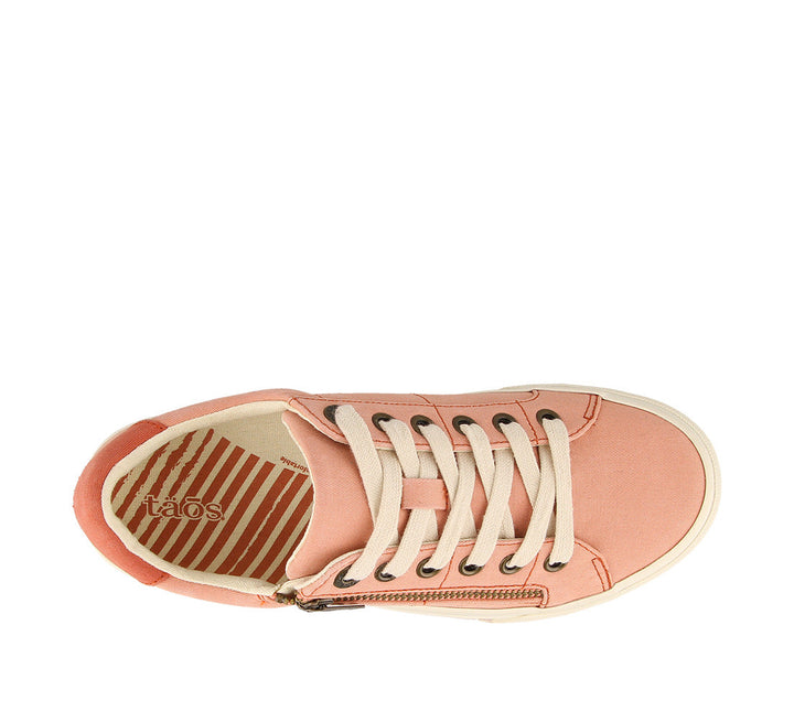 Top down angle of Z Soul Cantaloupe/Brick Distressed Canvas lace up sneaker featuring an outside zipper Curves & Pods removable footbed with Soft Support and rubber outsole. - size 6