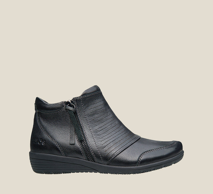 Outside Angle of Habit Black Leather bootie with a footbed, outside zipper &rubber outsole 6