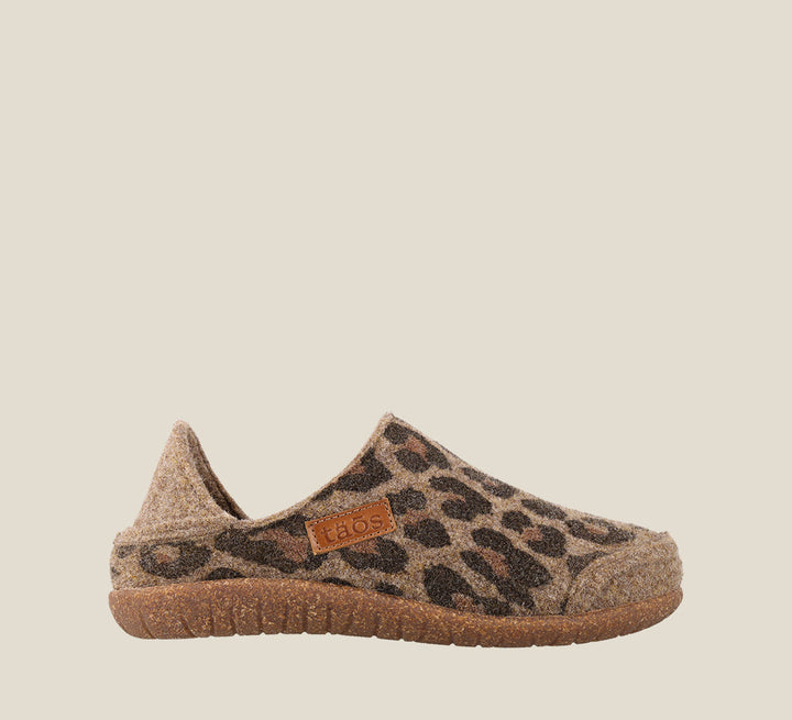 "Outside Angle of Convertawool Tan Leopard Wool Wool slip on with back, wool lined, featuring a removable footbed & TR outsole
 - size 36"