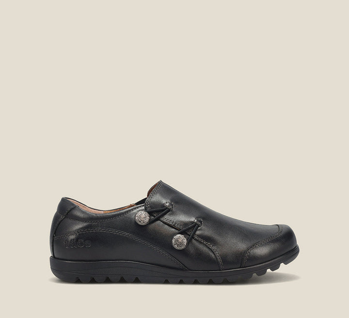 Instep image of Blend Black Casual leather step-in shoe with medial gore & bungie closures & a removable footbed.