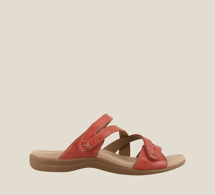 Outside angle of Double U Red Casual leather slide sandal with metal rivets hook and loop straps and a rubber outsole. - size 6