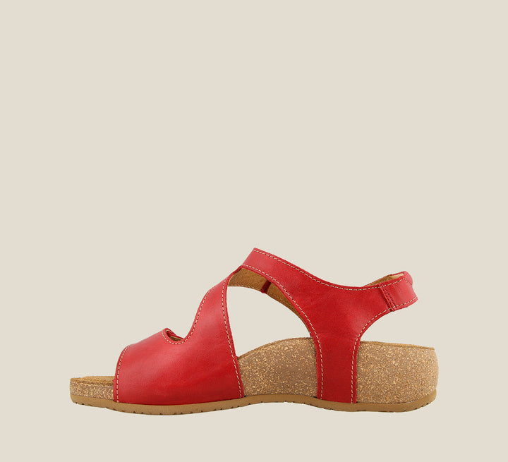 Inside angle of Lovely Red adjustable leather sandal with two hook and loop straps lightweight cork footbed. Featuring hardware embellishments and a rubber outsole. - size 36