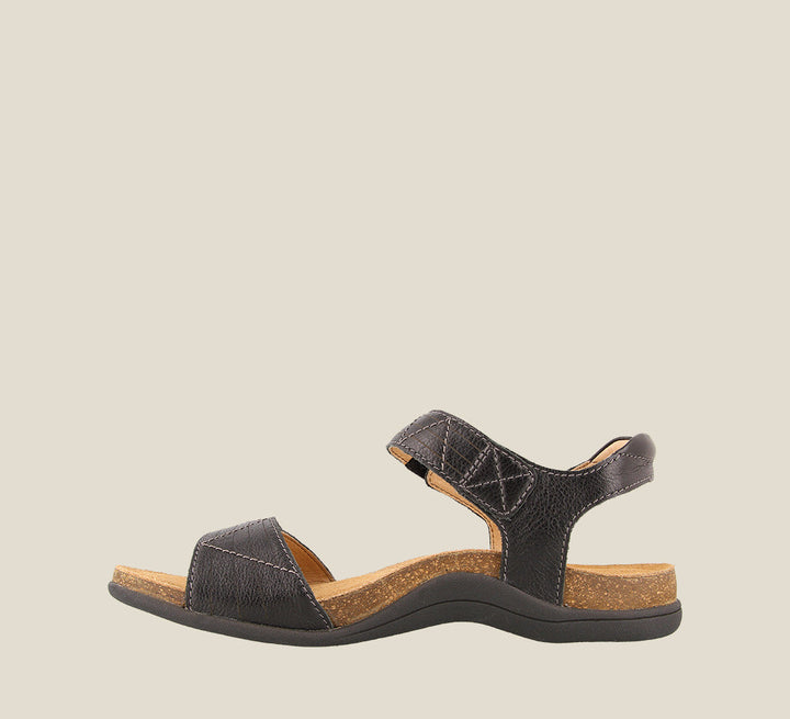 Inside angle of Pioneer Black Sandal featuring two adjustable hook and loop straps detailed stitching and metal hardware. - size 6