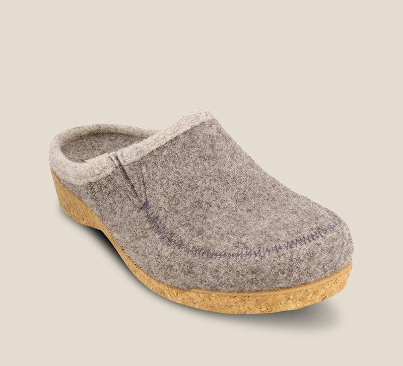 3/4 Angle of Wool Do Grey adjustable wool slip on clog with stitching - size 36