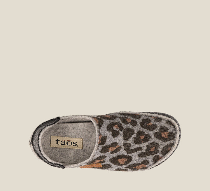 "Top down Angle of Convertawool Charcoal Leopard Wool Wool slip on with back, wool lined, featuring a removable footbed & TR outsole
 - size 36"