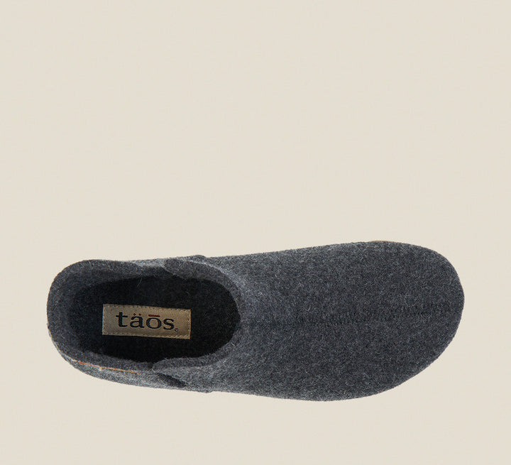 Top down angle of Woolly Boolly Charcoal Wool slip on bootie with cork detail a supportive footbed and rubber outsole. - size 36