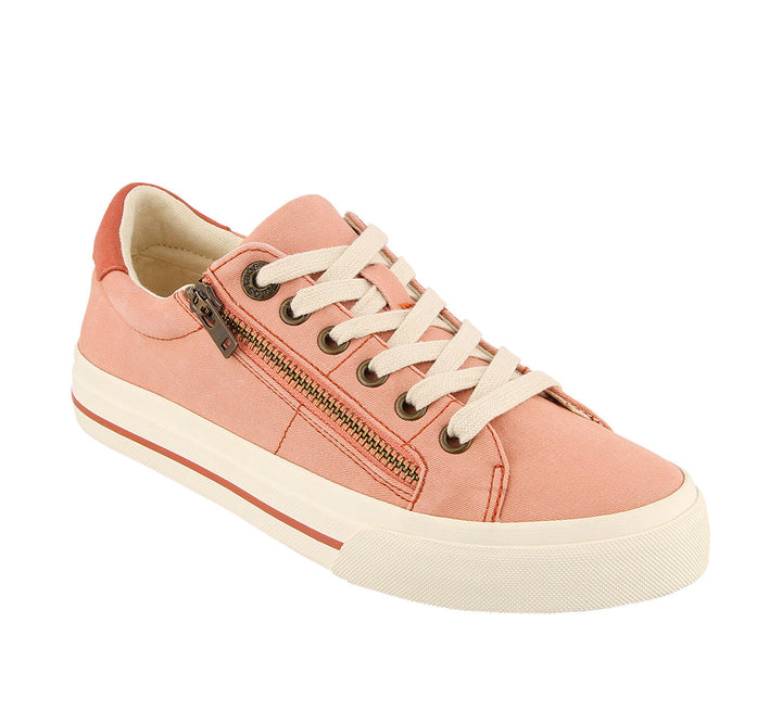 3/4 Angle of Z Soul Cantaloupe/Brick Distressed Canvas lace up sneaker featuring an outside zipper Curves & Pods removable footbed with Soft Support and rubber outsole. - size 6